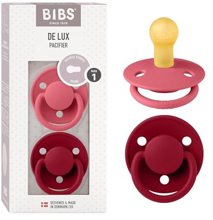 BIBS De Lux Schnuller 2er-Pack, BPA-frei, Kirschform Nippel. Naturkautschuk/Latex, Hergestellt in Dänemark. 0-6 Monate (2er Pack), Coral/Ruby