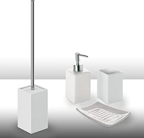 Gedy Queenstown - 4 Piezas, 1 Puerta sólida, 1 escobilla de Inodoro, 1 dispensador de jabón, 1 portacepillos de Dientes de baño, Juego de cerámica ecológica, Acabado Blanco, diseño R&D, único