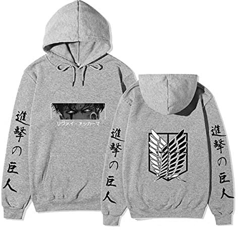 Sybnwnwm Unisex Attack on Titan Hoodie Levi Ackerman Pullover Scout Legion Anime Hoodies Langarm Sweatshirts, Grau, L