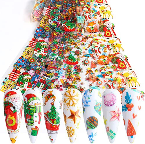 10 Pcs Christmas Polygel Nail Art Foil Kits for Nail Stickers Glue Transfer for Gel Polish Design Set, Nails Foils for Acrylic Tips DIY Nail Art Decorations Supplies Daily Charme Stars Color Snowflake