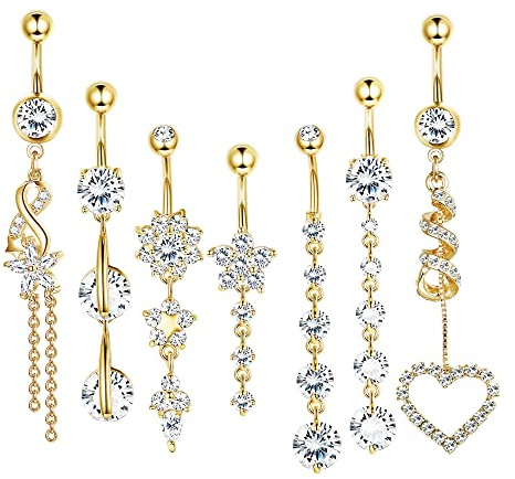 LOLIAS 7 Pcs Surgical Steel Dangle Belly Button Ring Piercing for Women