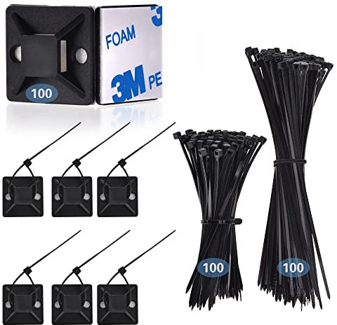 200 Pcs Cable Ties Black 100 Pcs Self Adhesive Wire Tie Mount Base Holders, Cable Clips with Strong Self Adhesive Pads ,Cable Management Set for Home 、 Office、Warehouse, (cable tie with base-001)