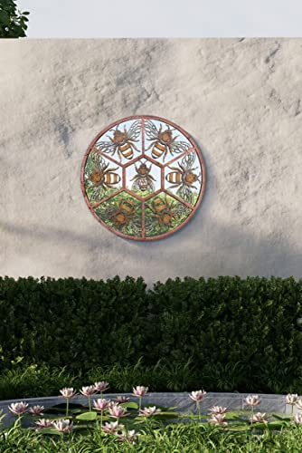 MirrorOutlet GM079 Gartenspiegel, groß, Metall, rustikal, rund, Hummel, 80 x 80 cm, Violett