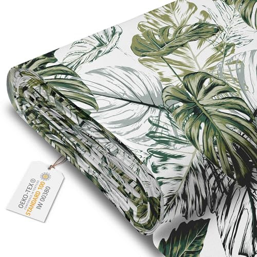 DreamRoots Segeltuch Wasserdicht - Polsterstoff Meterware 160 cm breit - Wasserabweisender Stoff 220 g/m2 600D - Markisenstoff Wasserdicht Meterware Monstera Green Leaf Laufmeter