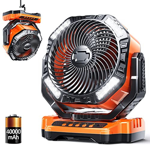 Camping LED Fan with Light, 20000mAh Rechargeable Battery Powered Outdoor Tent Fan with Light and Hook, 4 Speed, Personal USB Desk Fan for Camping, Fishing, Power Outage,Hurricane, Worksite