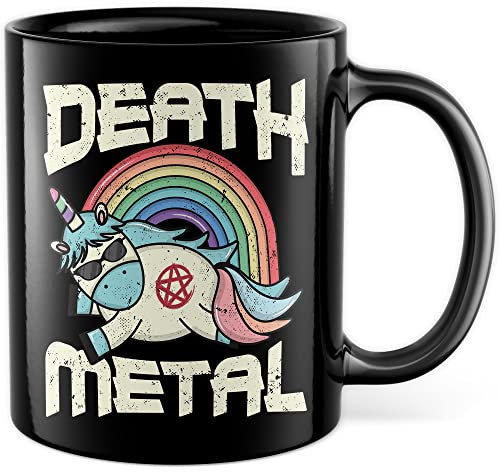 Tasse Death Metal Geschenk Einhorn-Motiv Kaffee-Becher Kaffeetasse Tasse mit Motiv lustig Teetasse Rock Rocker Heavy Metal Punker Einhorn witzig (Schwarz)