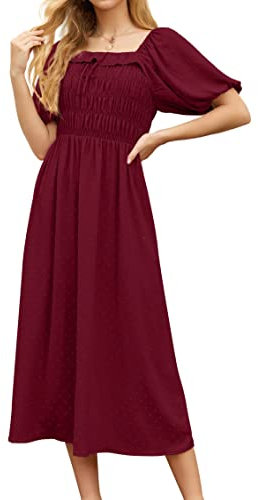 GRECERELLE Womens Summer Casual Midi Maxi Dress Square Neck Half Sleeve Ruffled Backless Smocked Elastic Waist Swiss Dot Cocktail Long Dresses for Ladies (Wine Red, L)
