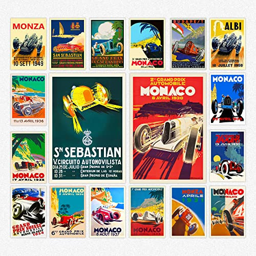 Grand Prix Poster – Set mit 9 Formel-Poster, trendiges, doppelseitiges Set von Grand Prix Drucken, Vintage-Auto-Poster für Jungenzimmer, cooles Zimmer, Autos Poster & Grand-Prix-Druck, Herren,