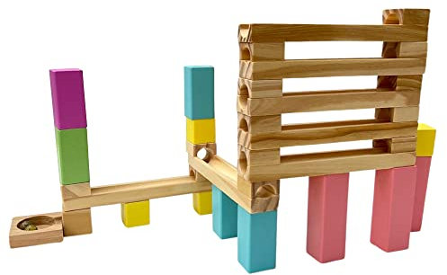 WOODEN 30 piece MARBLE RUN with six coloured glass marbles | Create and build different marble runs | Helps problem solving creativity and hand to eye coordination | Suitable for 4 and above