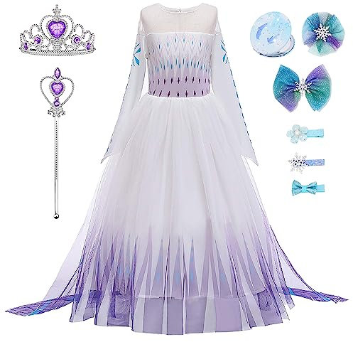 New front Fille Robe Princesse Elsa Déguisement Reine des Neiges Accessoires Baguette Magique Couronne Miroir Barrettes Clips Cosutme Enfant Cadeau Noël Anniversaire Carnaval,Bleu,110