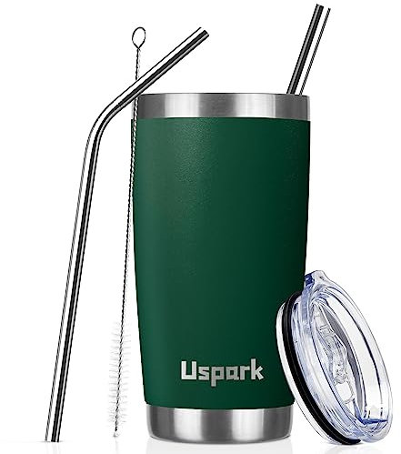 UsparkMC 20oz 550ml Tumbler Stainless Steel with Lid and Straw,Double Wall Vacuum Insulated Coffee Travel Mug for Hot & Cold,Reusable Cup,BPA Free,Green