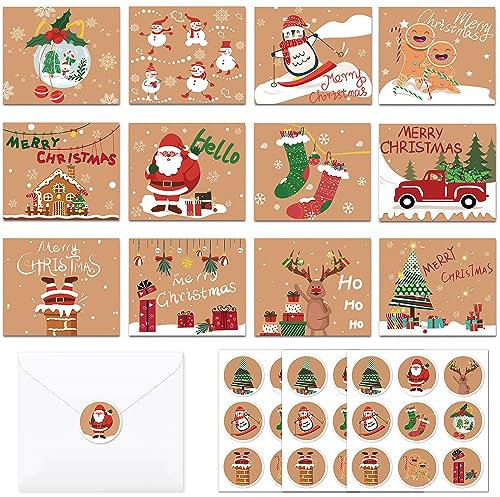 24 Stück Weihnachtskarten mit 24 Umschlag und 27 Aufklebern, Schneemann und Weihnachtsmann, Verschiedene Weihnachtliche Motive, Weihnachtskarten für Familie, Kinder, Freunde (Christmas-2)