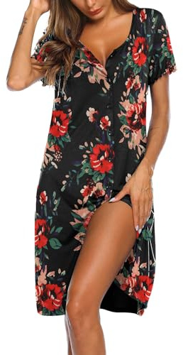 Ekouaer Womens Nightwear Ladies Nighties Nightdresses Button Up Nightshirts Summer Nightgown Short Sleeve, Flower XXL