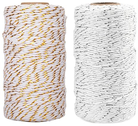 Anwyll Twine String,Christmas Gold Silver Twine String,656 Feet Cotton Bakers Twine,2mm Twine String for Crafts,Metallic Gold White String for Gift Wrapping,Crafts,Home Decor Wedding Holiday