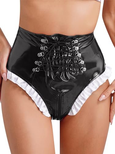 iEFiEL Damen Wetlook Hotpants Bikini Slips Kunstleder Unterwäsche Shorts Kurze Hose Spitzen Panties Gogo Clubwear S-4XL Xb Schwarz 4XL