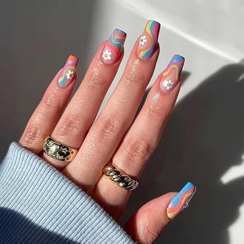 LOMYLM 24pcs Square False Nails Medium Length Stick on Nails Flower Press on Nails Colorful Removable Glue-on Nails Fake Nails Women Girls Nail Art Accessories