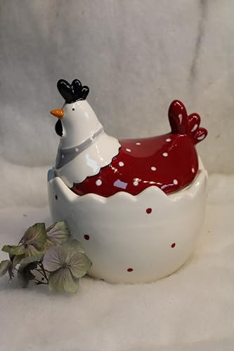 Holzwurm Dose Huhn Ida groß, Rot/Weiß, Keramik, ca.15 x 14 x 19 cm, Osterdose Huhn im Ei