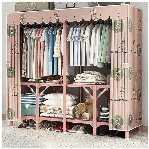 Faltbarer Kleiderschrank für Schlafzimmer, Kleiderständer aus Metall mit Stoffbezug, Kleideraufbewahrung, Organizer mit Hängestangen (Farbe: Rosa, Größe: 150 x 45 x 170 cm)
