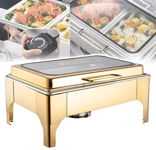 PLABNK 9L Elektrischer Lebensmittelerhitzer, Einstellbare Temperatur + Abnehmbar, Leicht Zu Reinigen, Energiesparend, Mit Glasabdeckung/leicht Zu Beobachten, Zum Chafing/Dish-Buffet,Gold
