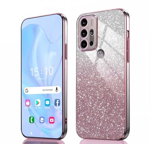 GOKEN Hülle für Motorola Moto G30 / G20 / G10 - Stoßfeste Schutzhülle, Handyhülle mit Weichem TPU Silikon, Elektroplattierten Kanten und Integrierter Glitzerkarte mit Glitzer, Cover Case, Verlauf Rosa