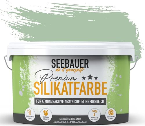 SEEBAUER diy Silikatfarbe Grün 10L für Innen (No. 744 Sweet Kiwi) Atmungsaktive Mineralfarbe für Allergiker - Abwaschbare Wandfarbe - Grüntöne hohe Deckkraft