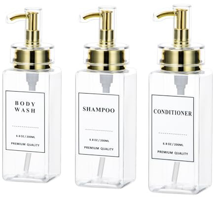 Yeeco Plastic soap Dispenser, Clear 3 Pcs Refillable Shampoo and Conditioner Bottles, Empty Shower Bottles with Pump, Labels for Shower Bathroom Kitchen, 6.8oz/200ml,Golden