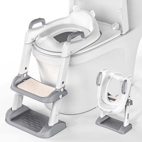 Potty Training Seat and Step, Adjustable Toddler Toilet Seat with Soft Cushion Design, Handle, Foldable Portable Kids Potty Ladder Stool Non Slip,Space Efficient,Easy Assembly,Adjustable Height,Grey