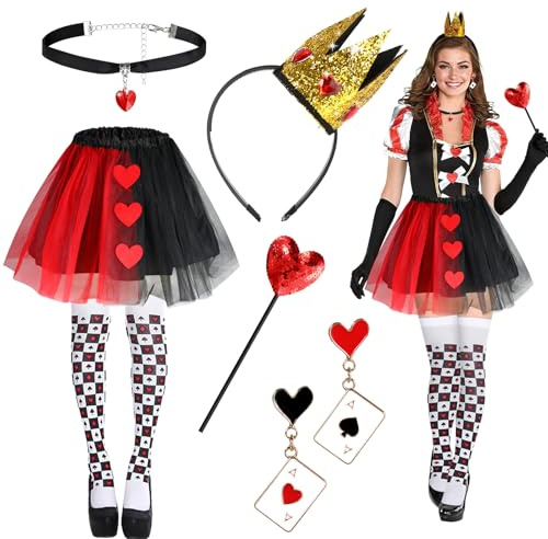 6 STK Herzkönigin Kostüm Damen Mädchen, Herzkönigin Krone Haarreif Ohrringe Kartenspiel Rotes Herz Halskette Wand Tütü Strümpfe, Herzdame Kostüm Queen of Hearts Costume für Halloween Karneval Cosplay