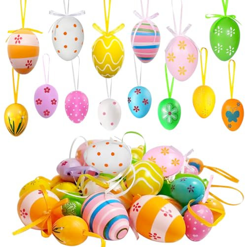 GTJEOI 36 Stück Ostereier zum Aufhängen, Ostereier Plastik, Ostern Eier aus Kunststoff mit Motiven, Ostern Dekorieren, Ostereier zum Hängen Bunt, Eier Ostern Deko für Innen Außen und Osterstrauchdeko