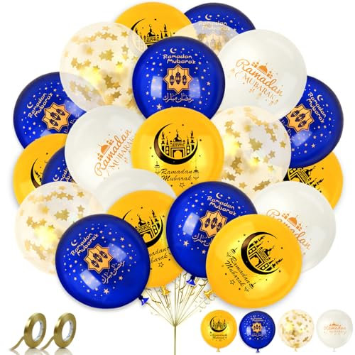 AhfuLife 32 Stück Ramadan Mubarak Luftballons Deko, Stern Mond Blau Weiß & Gold Luftballons Ramadan Kareem Dekoration für Muslim Islamische Party Umrah Eid Mubarak Deko