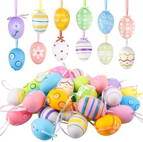 BORDEAG Uova di Pasqua da appendere, 48 pezzi di uova di Pasqua colorate, in plastica, decorazione pasquale, decorazione per albero di Pasqua, decorazioni decorative per interni ed esterni,