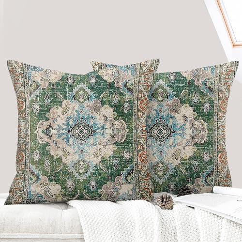 ECZOIL 2er Set Boho Kissenbezug 50x50 cm Kissenhülle Dekorative Boho Stil Vintage Zierkissenbezüge Kissen für Sofa Sessel Zuhause Schlafzimmer mit Verstecktem Reißverschluss - Grün