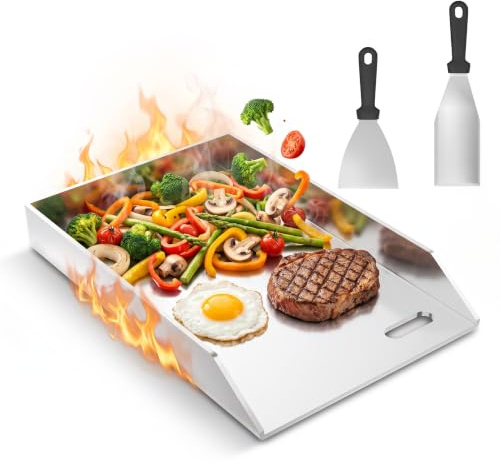 YRHome Plancha Plancha 30 x 20 x 4 cm – 2 mm Acero inoxidable Grillblech para gas & Carbón, con Espátula y Rascador – Inoxidable, Resistente al Calor – Universal para BBQ, Filete y Verduras (sin mango