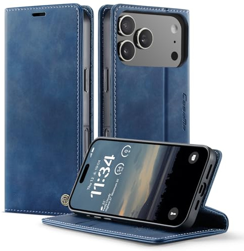 owlhold iPhone 17 Pro hülle klapphülle Premium PU Leder,RFID Schutzhülle,Faltbare Ständer,Handytasche Lederhülle Kartenfach Standfunktion Handyhülle iPhone 17 Pro - Blau
