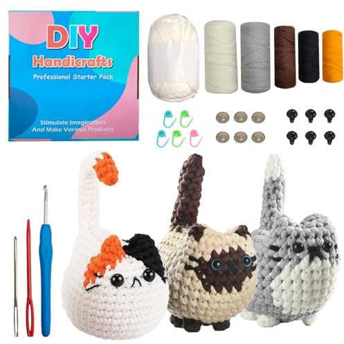 CAIEJSAEN Häkelnadel-Set für Anfänger Häkelset Tiere Crochet gehäkeltes Starter Set Schritt für komplettes Tierhäkeln mit Schritt für Video Tutorials Drei Süße Gehäkelte Katzen