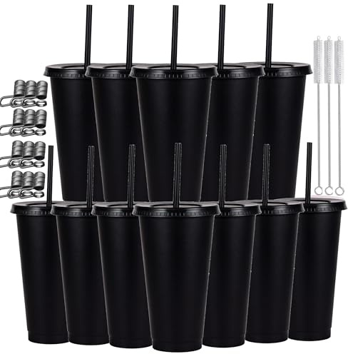 CuppaLifes 12 Pack Reusable Plastic Cups with Lids and Straws, 710ml Cold Tumbler Cups for Slushie and Drinks, Party Cups for Adults Travel Beach Picnic Birthdays (12, Black)