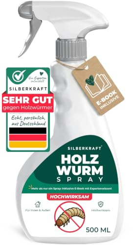 Silberkraft Holzwurm Spray 500 ml mit Sofortwirkung - starkes Abwehr-Mittel gegen Holzwürmer in Möbeln & Holz - Holzwurm bekämpfen innen & außen - laborgeprüft & hochwirksam - Zitrusduft