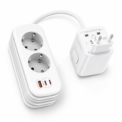 Universal Reiseadapter mit 1.8M Kabel,2-Fach Reisesteckdose für EU/DE,Weltweit Reisestecker mit USB C PD 30W & 3 USB, Internationaler Adapter für USA UK AU, 2500W Steckdosenleiste