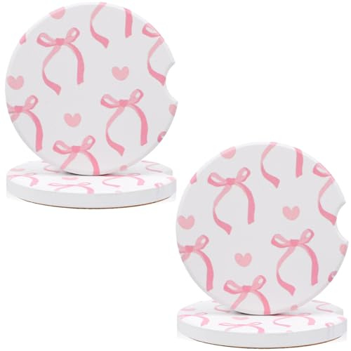 Pink Bow Car Coasters,4 PCS Ceramic Coasters for Cup Holders Cute Pink Car Accessories for Women Girly Car Decor & Essentials with Non-Slip Cork Base & Finger Notch