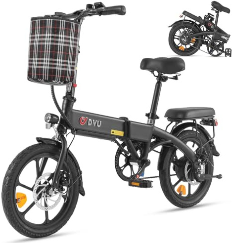 DYU 16 Folding Electric Bike, City E-Bike for Adults and Teens | 250W motor, 36V 7.5Ah battery, up to 60KM range, adjustable height, LED display, disc brakes and front basket