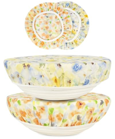 Gemejutor Large Reusable Elasticated Beeswax Bowl Covers (2 Pack) – Breathable Cotton with Beeswax Coating for Sourdough Proofing & Food Storage, Floral Print, Fits Bowls 20–33cm