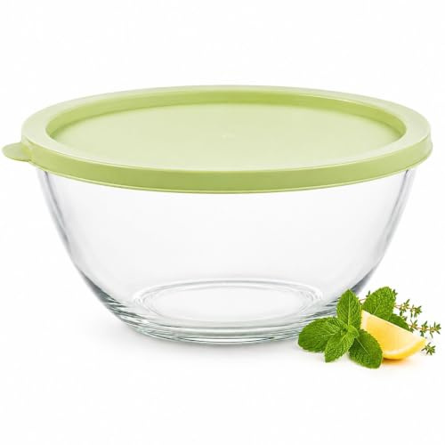 Morvexa Bol en Verre avec Couvercle PP pour Pâte Salade Pâtisserie Cuisine | Borosilicate, mélange fermentation service, 2300 ml, chaleur, corps clair, forme profonde, surface lisse, frigo et repas