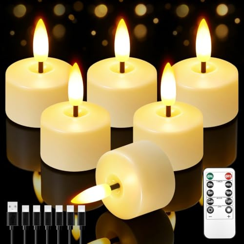 NRAVXAC Pillar LED Tea Light Small Candles Rechargeable with Remote Control | Warm White Flameless Battery Operated Fake Tealights for Table Decorations Home Decor Wedding Party Lanterns Indoor(6 Pack)