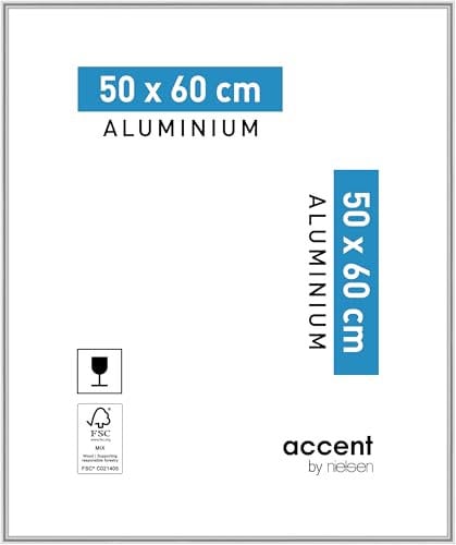 accent by nielsen Bilderrahmen, 50 x 60 cm, Aluminium, Silber glanz, Posterrahmen zum Aufhängen im Hoch- & Querformat, Echtglas, Accent