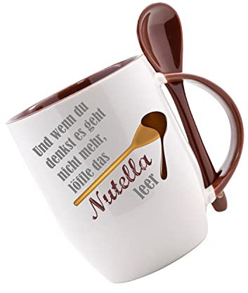 Crealuxe Löffeltasse 'Und wenn du denkst es geht nicht mehr löffle das Nutella leer' bedruckt, Kaffeetasse mit Motiv, Bürotasse