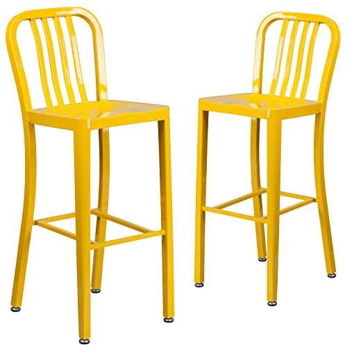 Flash Furniture Barhocker mit vertikaler Schiefer-Rückseite für den Innen und Außenbereich, aus Metall, 76,2 cm hoch, 2er Pack, Gelb