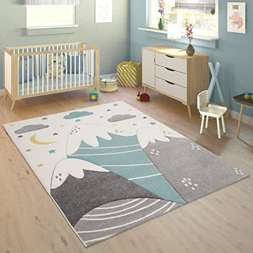 Paco Home Teppich Kinderzimmer Kinderteppich Spielteppich Junge Mädchen 3D Optik Modern Pastell Berge Wolken Sterne, Grösse:160x230 cm