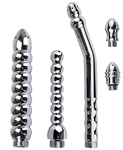 Adamlover Kit de Enema de metal con manguera de ducha de mano de 5 pies para kit de limpieza colónica, Straight, 3 cabezales de estilo.