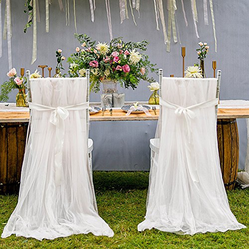 Egurs 2 Stück Hochzeit Stuhlhussen Romantik länger Tüll Stuhlüberzug Stuhlbezug für Hochzeit Weihnachten Haus Party Dekoration 2.6m*1.6m Weiß
