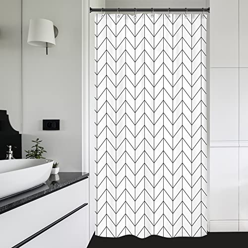 Riyidecor Kleiner Stall, 91,4 x 183,9 cm (B x H), schmal, Wohnmobil, Walkin, schwarz-weiß, Fischgrätenmuster, Moderne Badezimmer-Vorhänge, halb stehend, Zickzack-Zack-Zickzack-Muster, Wohnmobil,